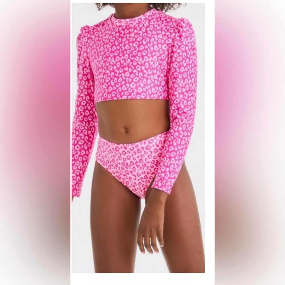 Cat & Jack Girls Pink Leopard Long Sleeve Rash Guard Crop Top Size L 10/12